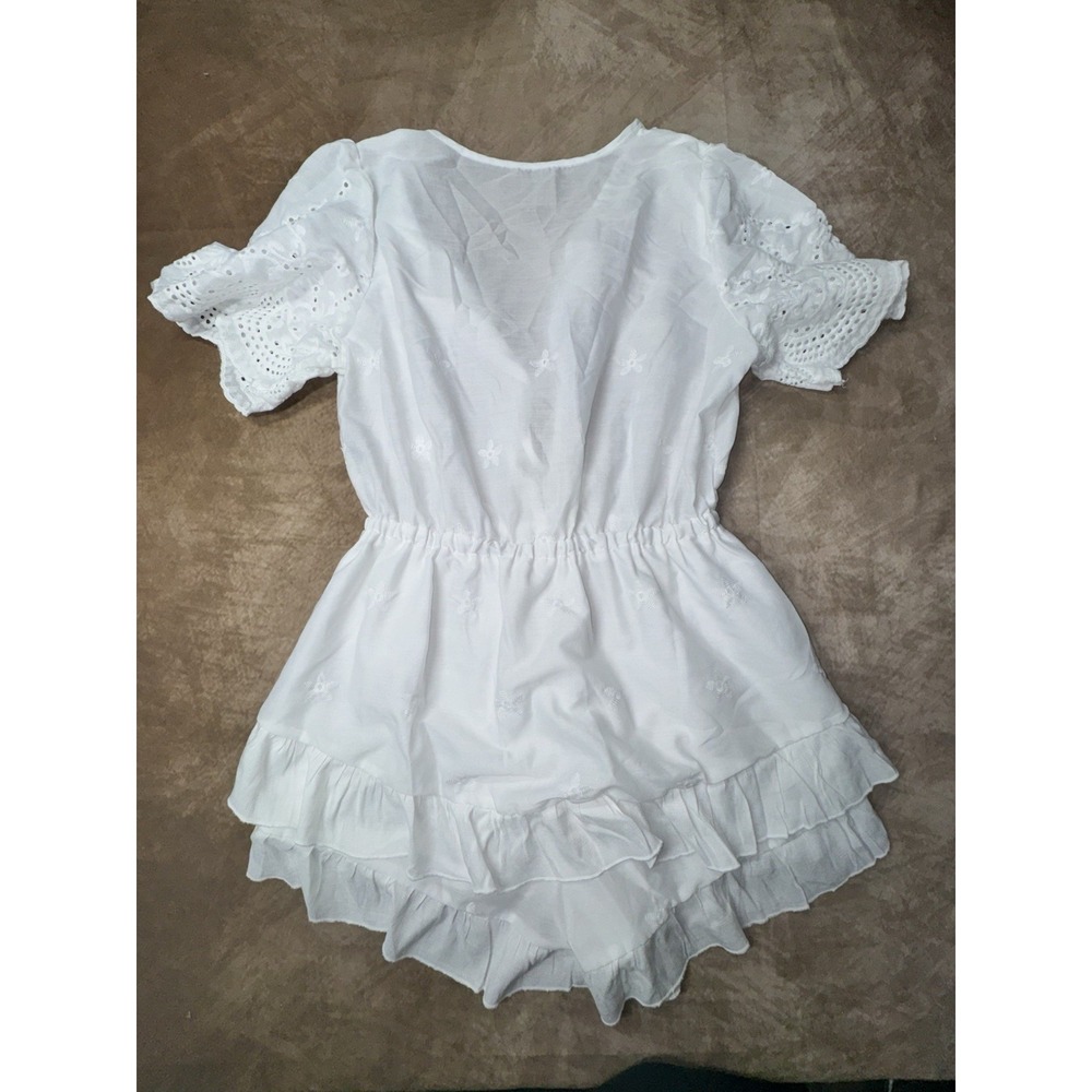 SHEIN White Eyelet Embroidered Puff Sleeve Romper Corset Bow Tie Back Size Large